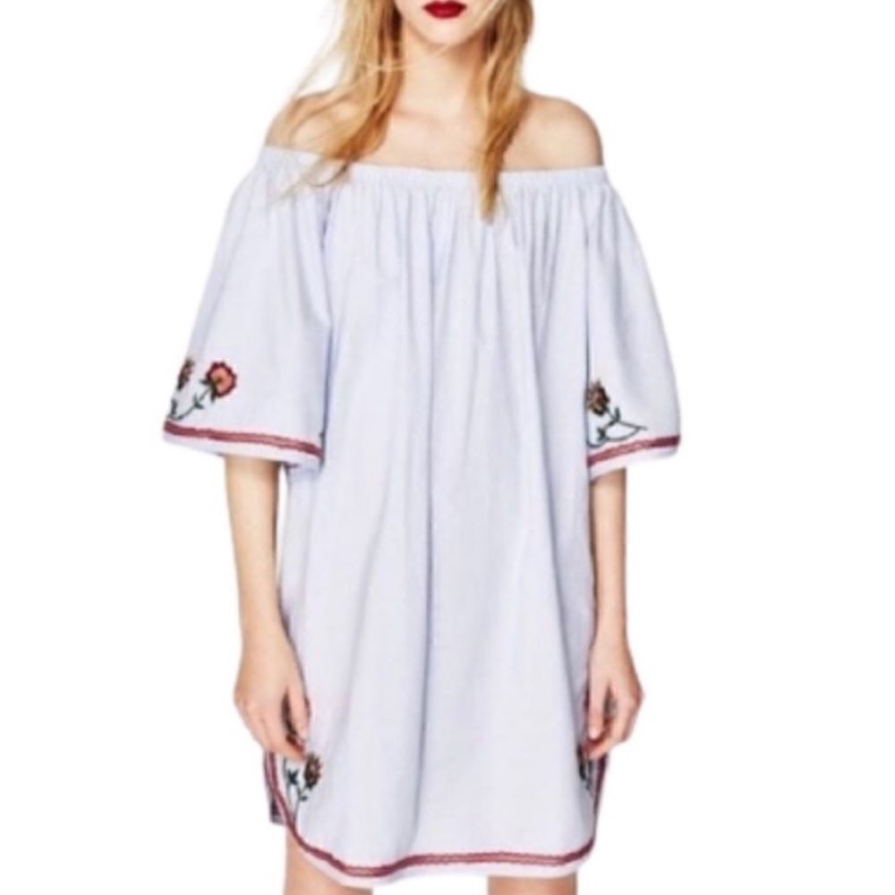 ZARA SS17 SKY BLUE OFF-THE-SHOULDER EMBROIDERED DRESS SIZE LARGE